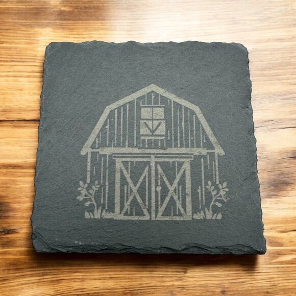 Rustic Farm Theme Slate Coaster Set | Highland Cow Barn Tractor Barrel - Picture 6 of 8